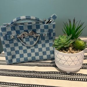 Rebecca Minkoff, Denim Checkerboard, Small Tote, Silver Chain strap
